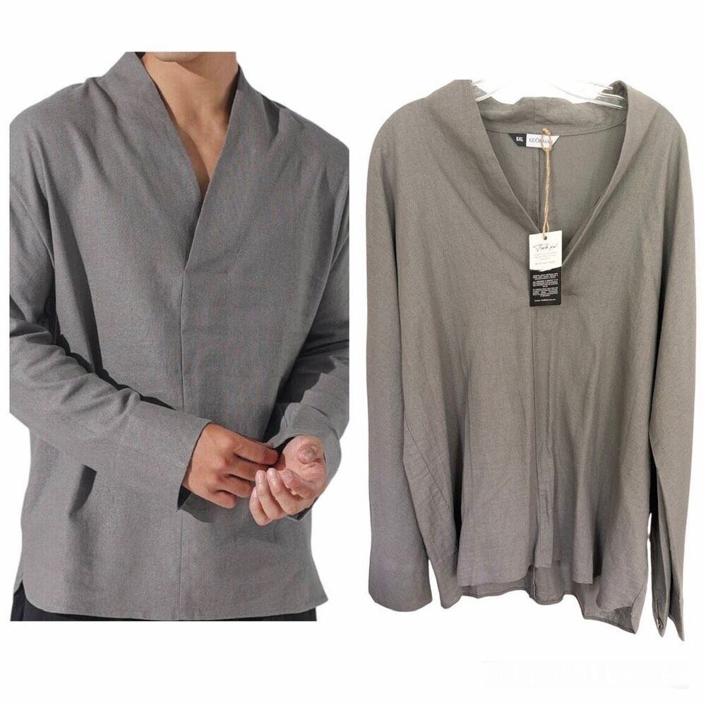 Kidoriman Mens's Shinu Sleeve Top XXL Gray Linen/Rayon Shirt V Neck Sz XL